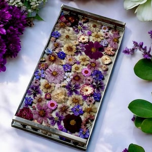 Large 18x9 Inch Purple & Pink Dried Flower Charcuterie Board, Handmade Epoxy Resin Cheese Serving Tray Gift