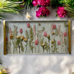 Large 18x9 Inch Peach and Yellow Dried Flower Charcuterie Board, Handmade Epoxy Resin Cheese Serving Tray Gift