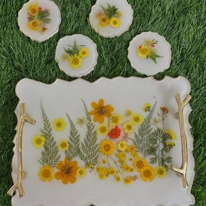 Custom Resin Tray with Dried Flowers & Coaster Set | Handmade Wedding Return Gift | Personalized Floral Home Decor | Party Favors | Gift Set